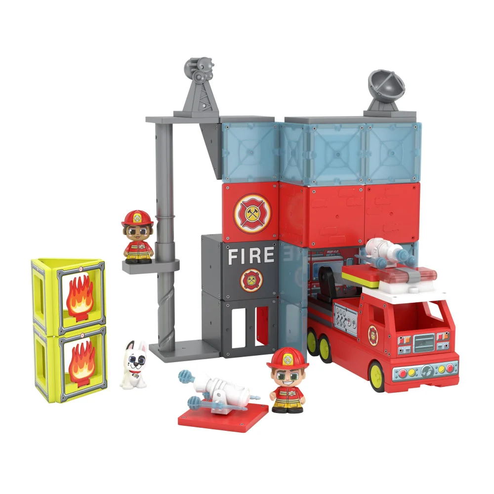 Tile Town Fire Station and Firetruck Magnetic Construction Set Image 1